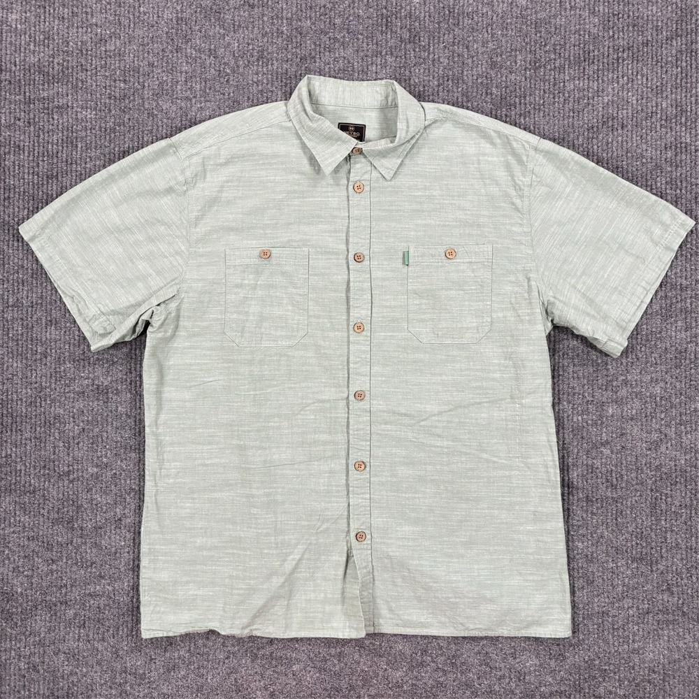 Heybo Outdoors Button Front Fishing Shirt Mens Size Large Green Short Sleeve
